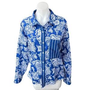 Foxcroft Marina Blue White Floral Long Sleeve Button Down Pocket Shirt Top Sz 2X